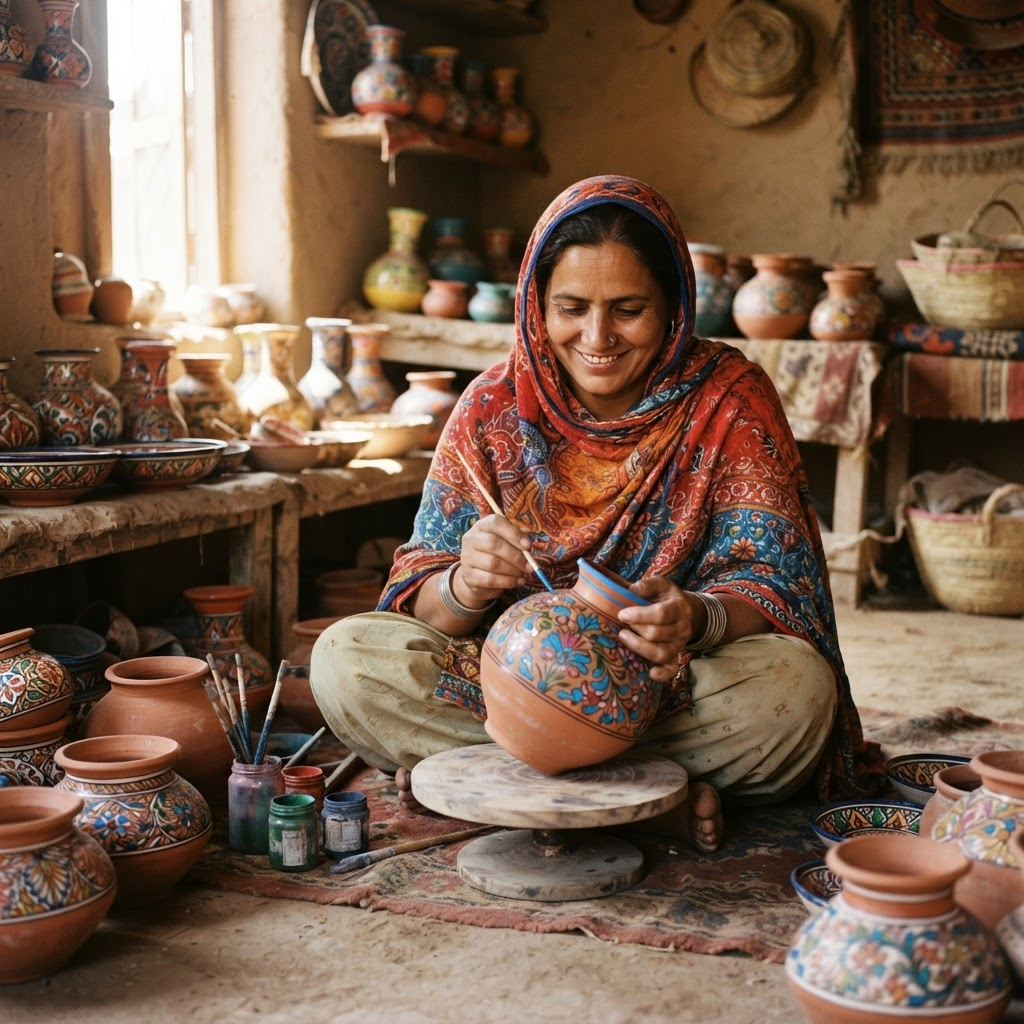Female artisan from rural Sindh painting traditional pottery