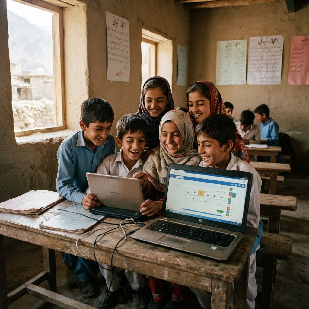 Rural schoolchildren in Dadu learning with an AI tutor on a tablet